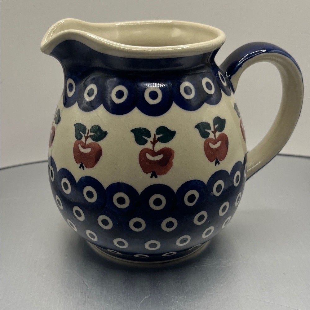 Vintage Polish Pottery Pitcher WIZA Handmade Folk Art Apple Pattern